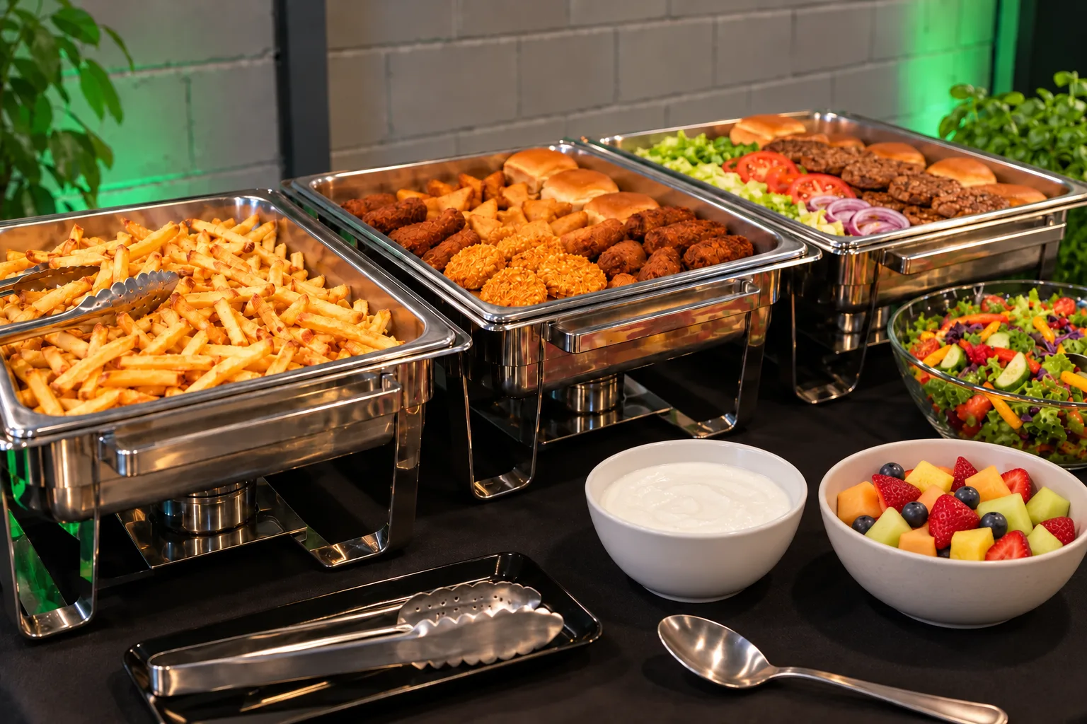 Lopend buffet met chafing dishes, een schaaltje plantaardige yoghurt en een schaaltje fruit