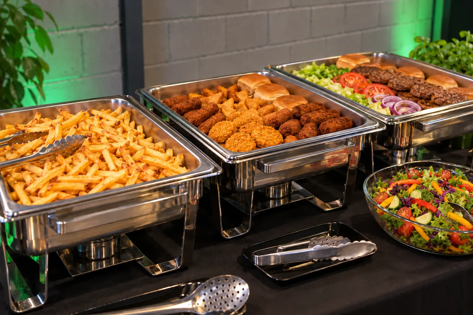 Lopend buffet met chafing dishes voor friet, plantaardige snacks en burgers, en een groentesalade
