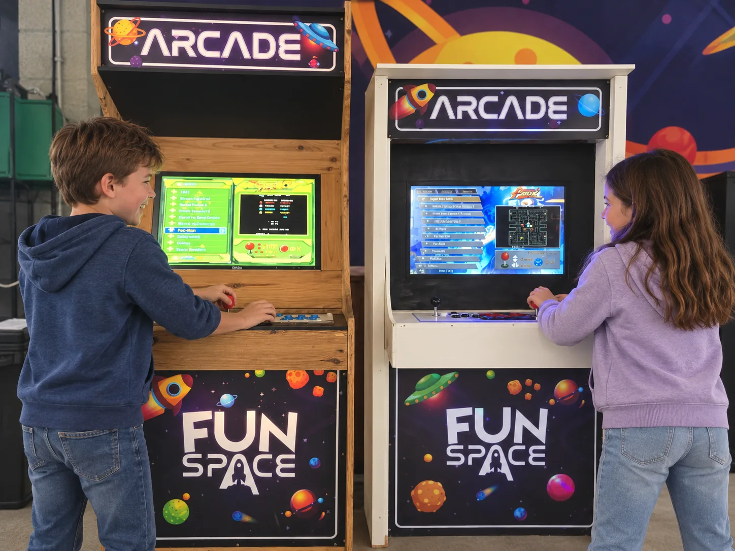 Twee kinderen spelen bij de arcadekasten