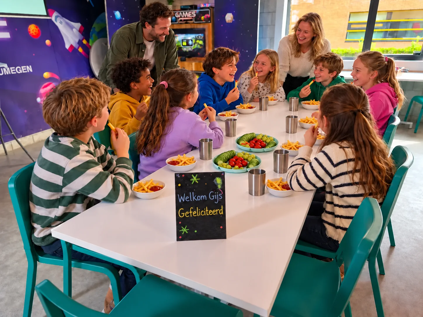 Sfeerimpressie van kinderen die aan de FunSpace-feesttafel hun frietjes eten