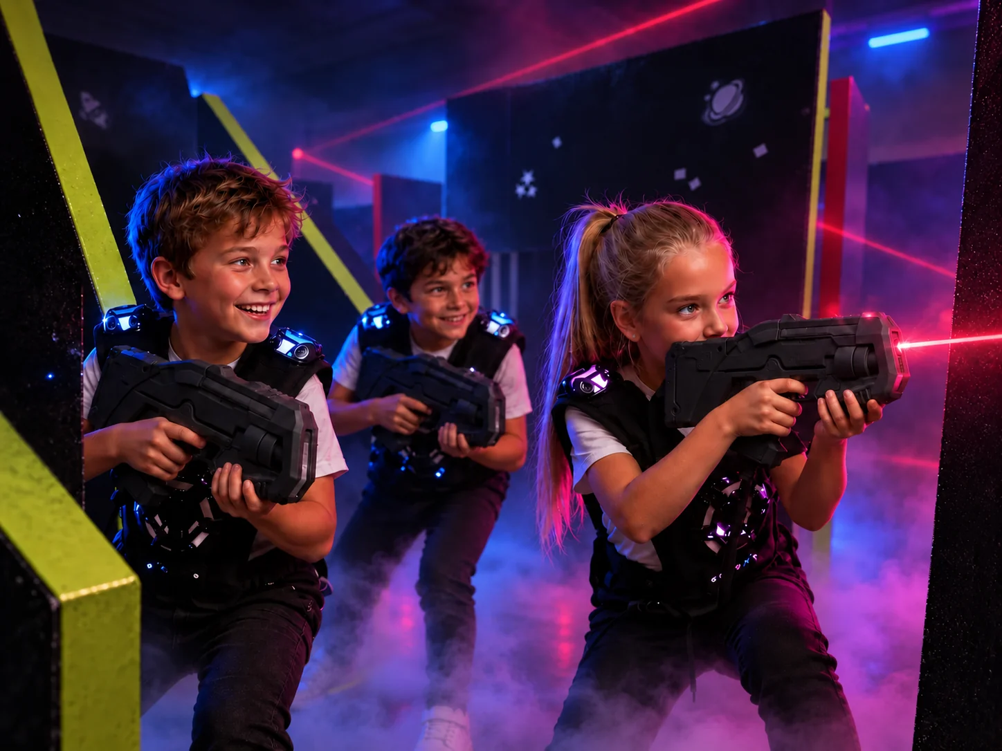 Sfeerbeeld van drie kinderen met FS-24-Laserguns in de donkere Space Zone, met laaghangende rook en laserstralen