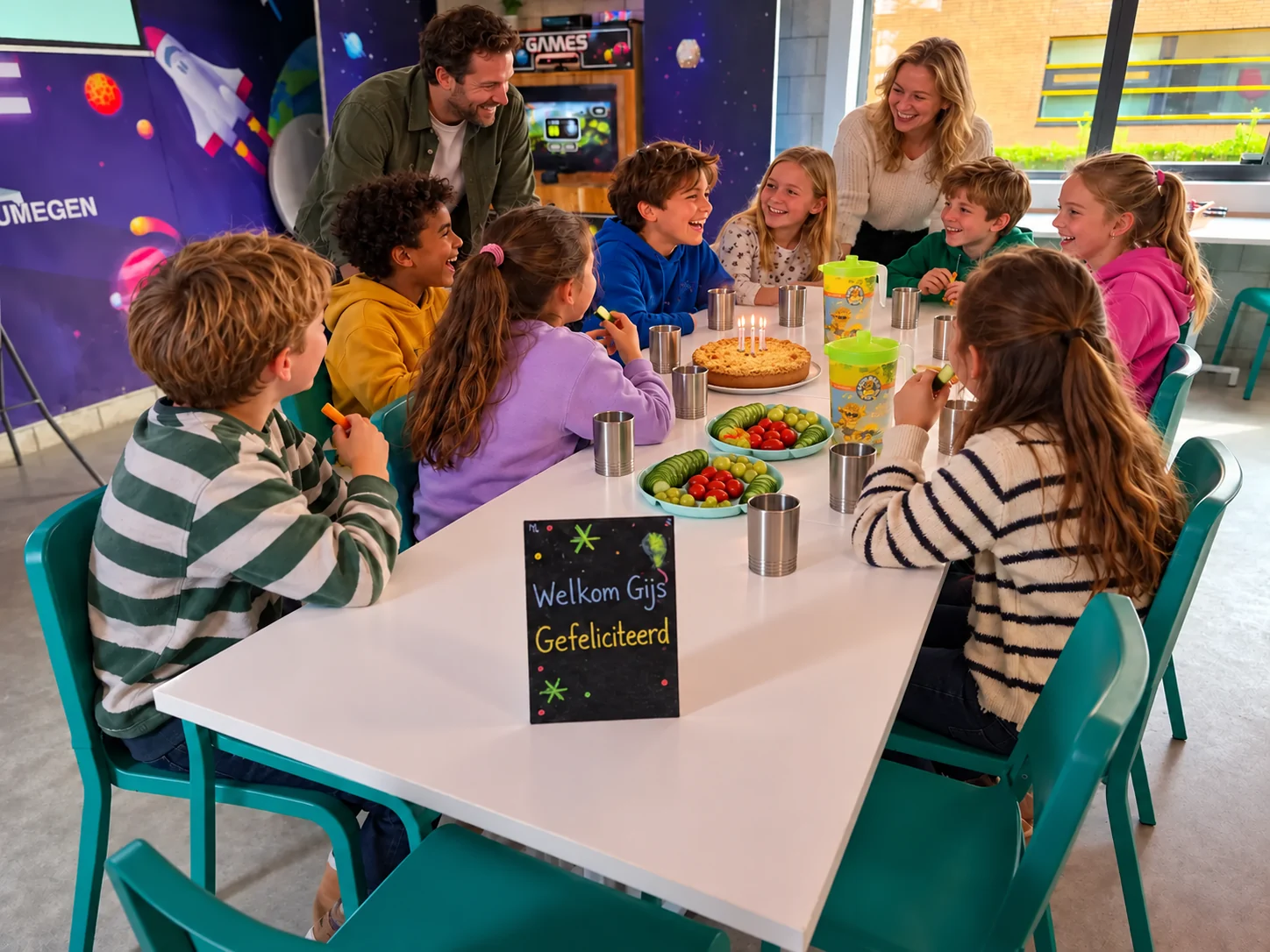 Sfeerimpressie van acht kinderen en twee ouders aan de feesttafel met aluminium bekers en twee schalen snoepgroente