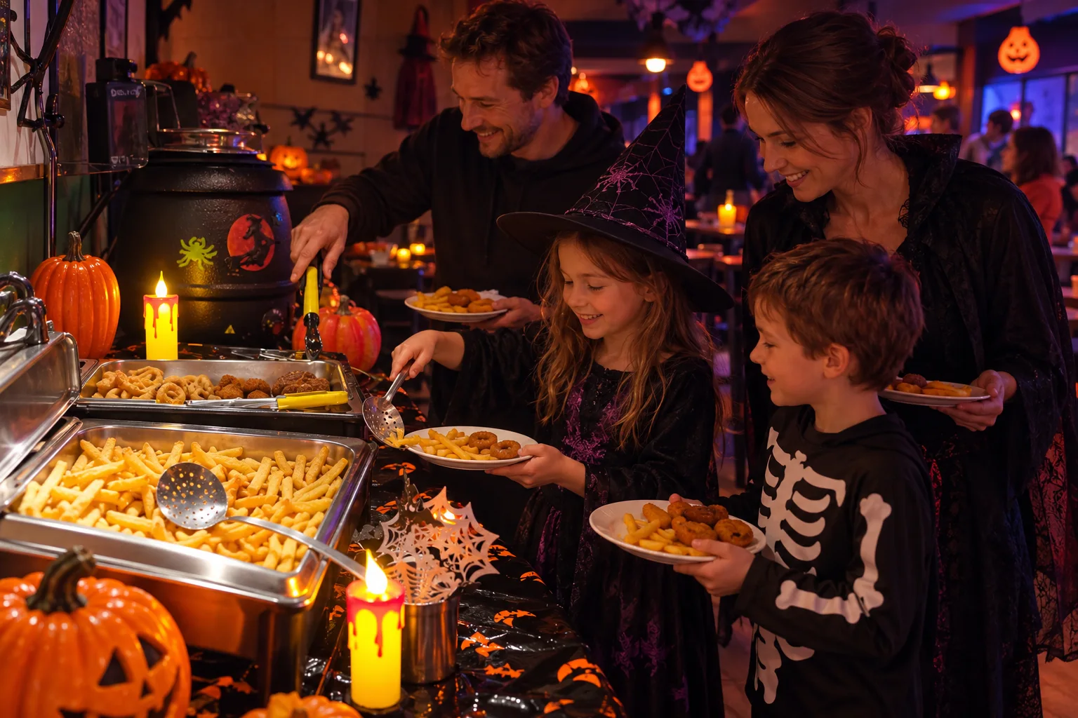 Sfeerimpressie van een gezin dat eten pakt bij het Halloween-family-buffet