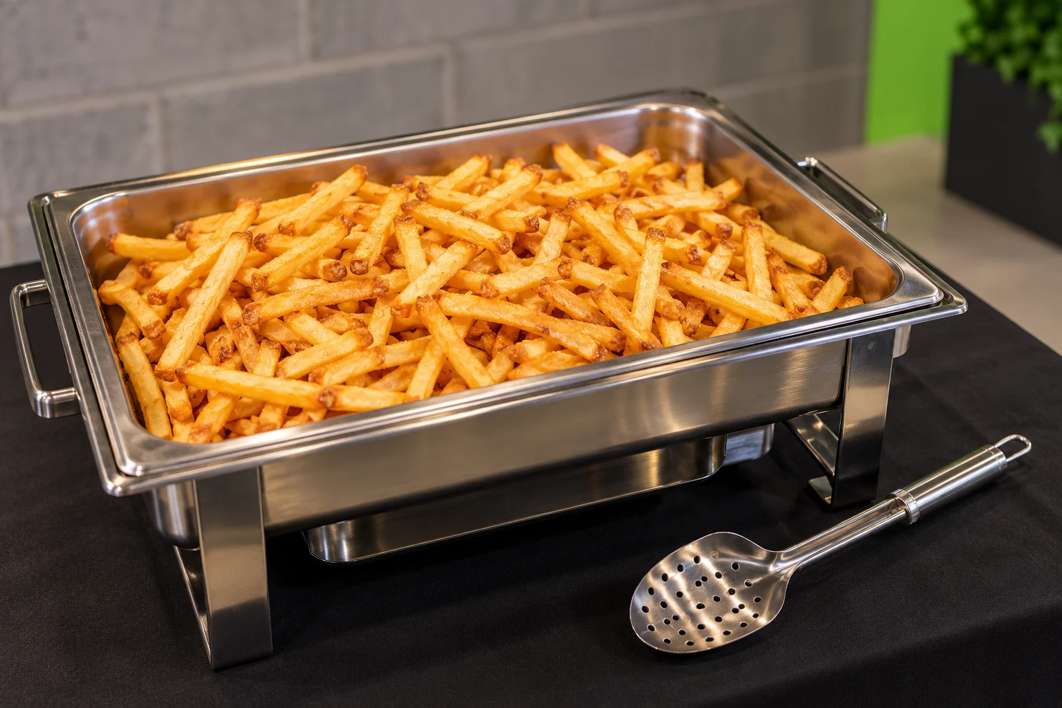Eén schaal met friet en opscheplepel op een zwarte tafel