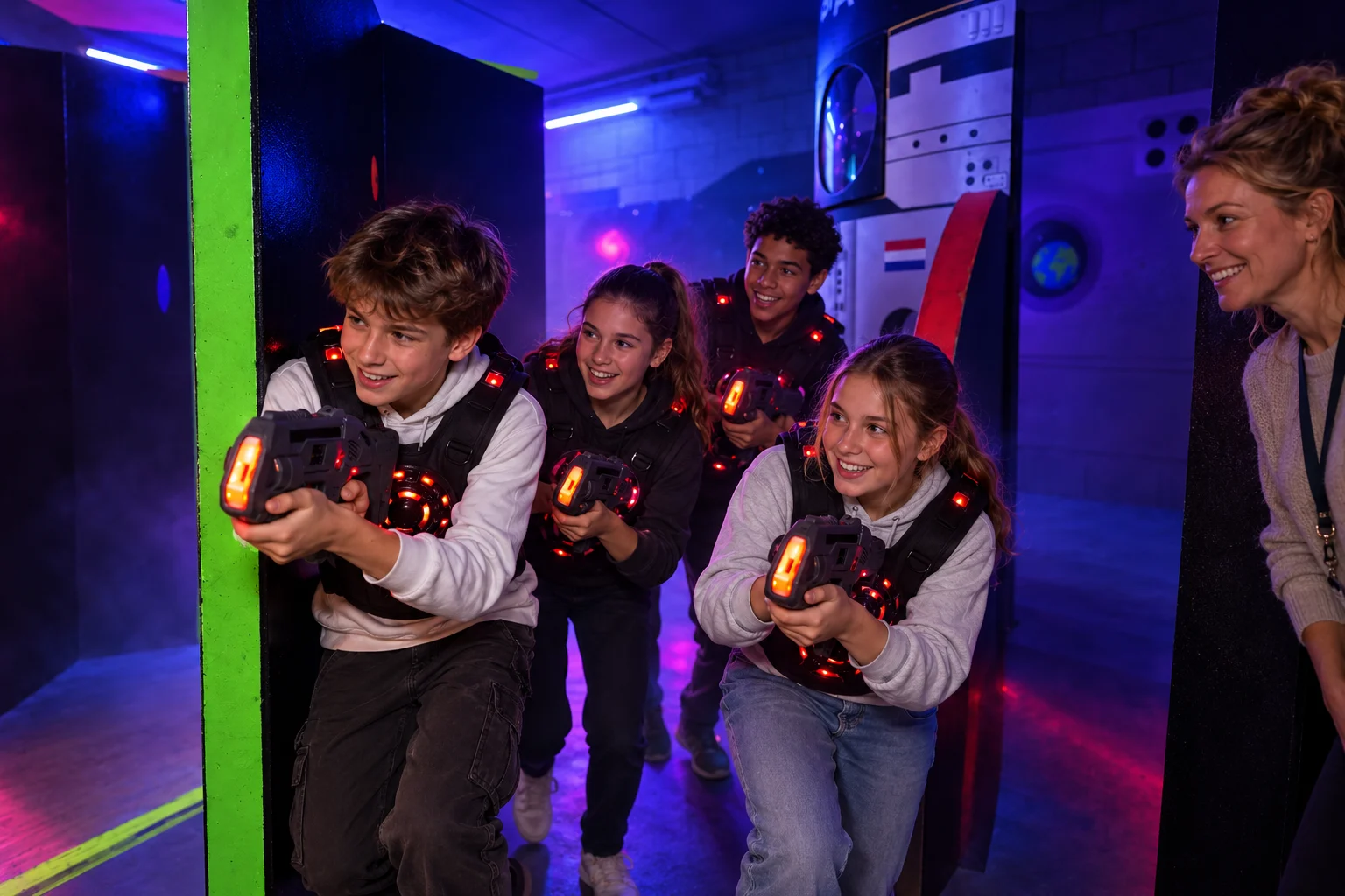 Scholieren spelen samen lasergame terwijl een leerkracht toekijkt