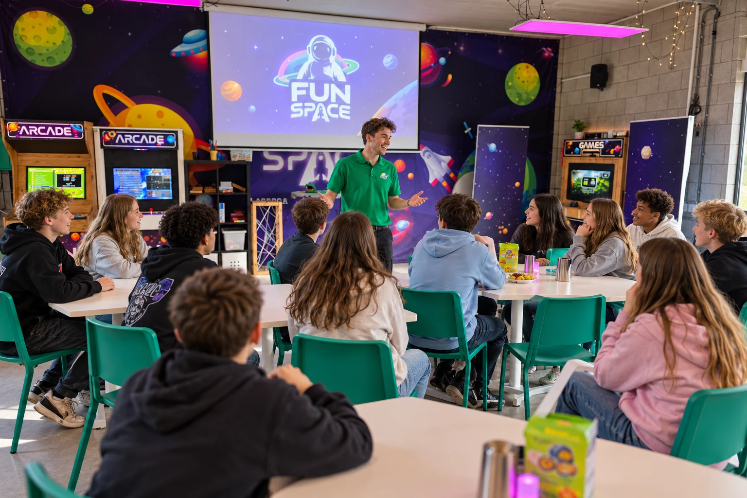 Schoolgroep luistert in de zaal naar de uitleg van een FunSpace-medewerker