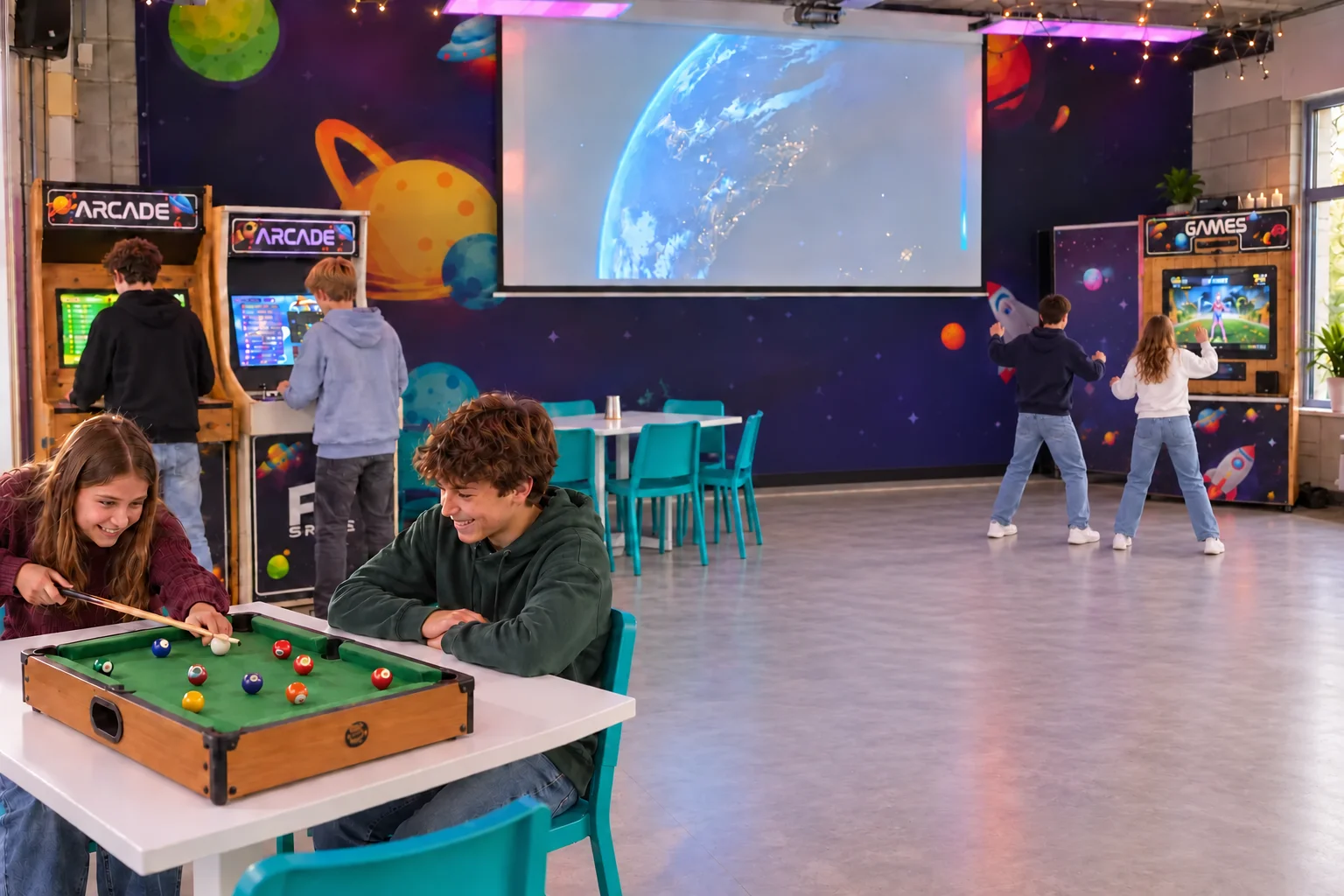Scholieren spelen aan de arcadekasten en het tafelbiljart; twee leerlingen spelen met bewegingen op afstand van de spelkast