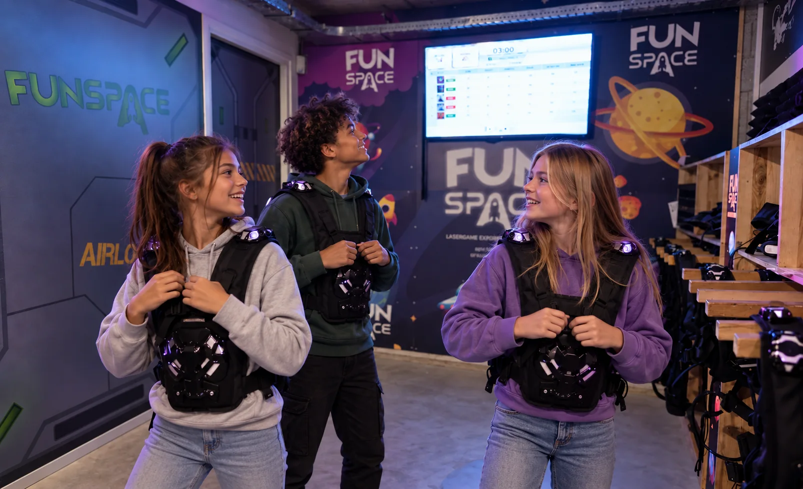 Sfeerbeeld van tieners die hun sensorhesjes aantrekken in de FunSpace-airlock