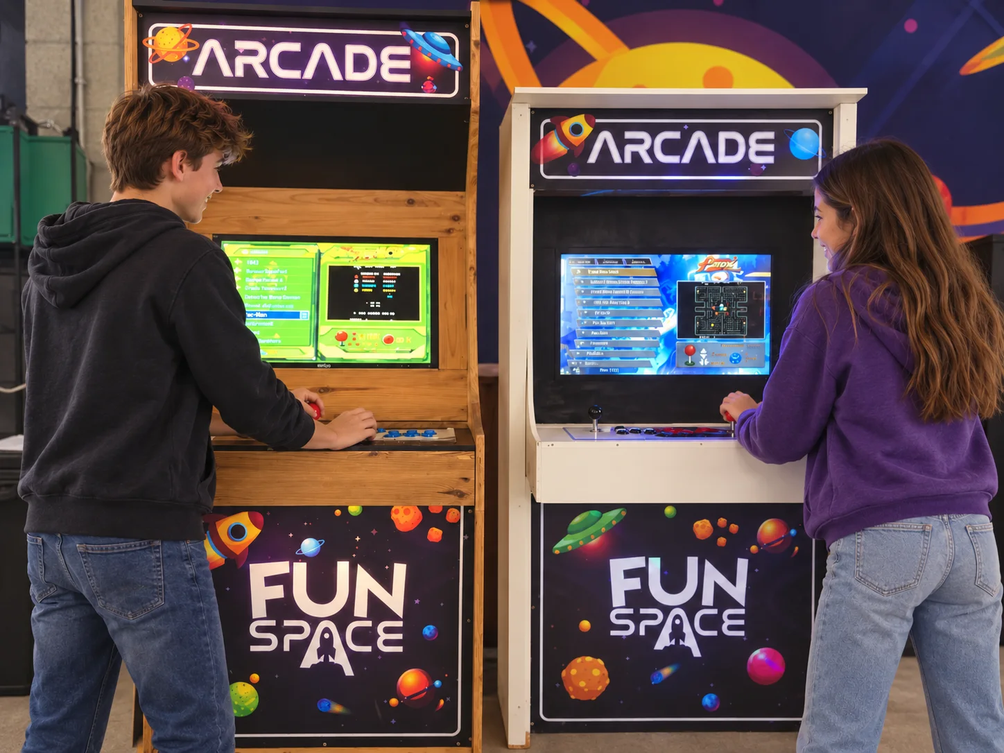 Sfeerimpressie van twee tieners die spelen op de FunSpace-arcadekasten