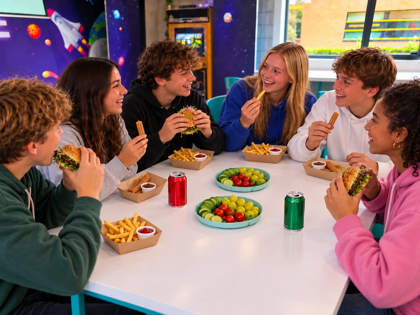 Sfeerbeeld van tieners met zelfgekozen friet, burgers en churro’s aan de FunSpace-tafel