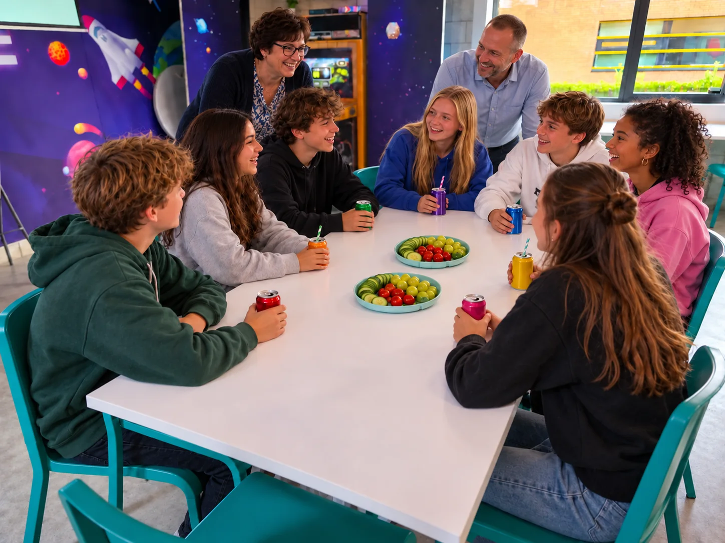 Sfeerbeeld van tieners die samen aan de feesttafel worden ontvangen