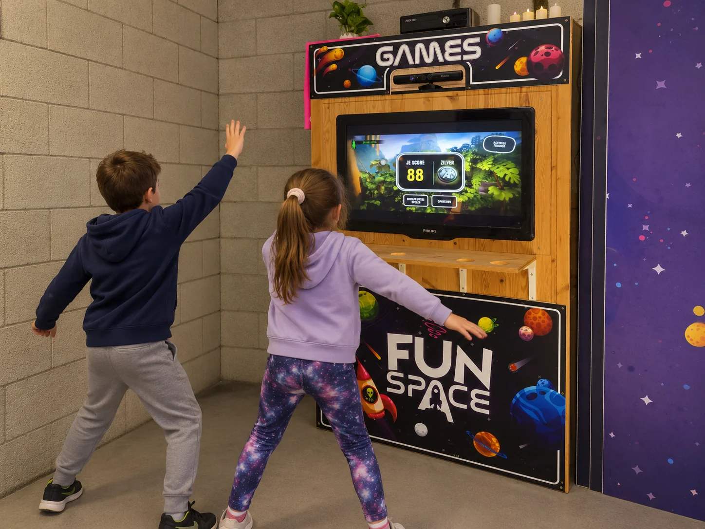 Twee kinderen spelen samen op de bewegingsgestuurde spelcomputer