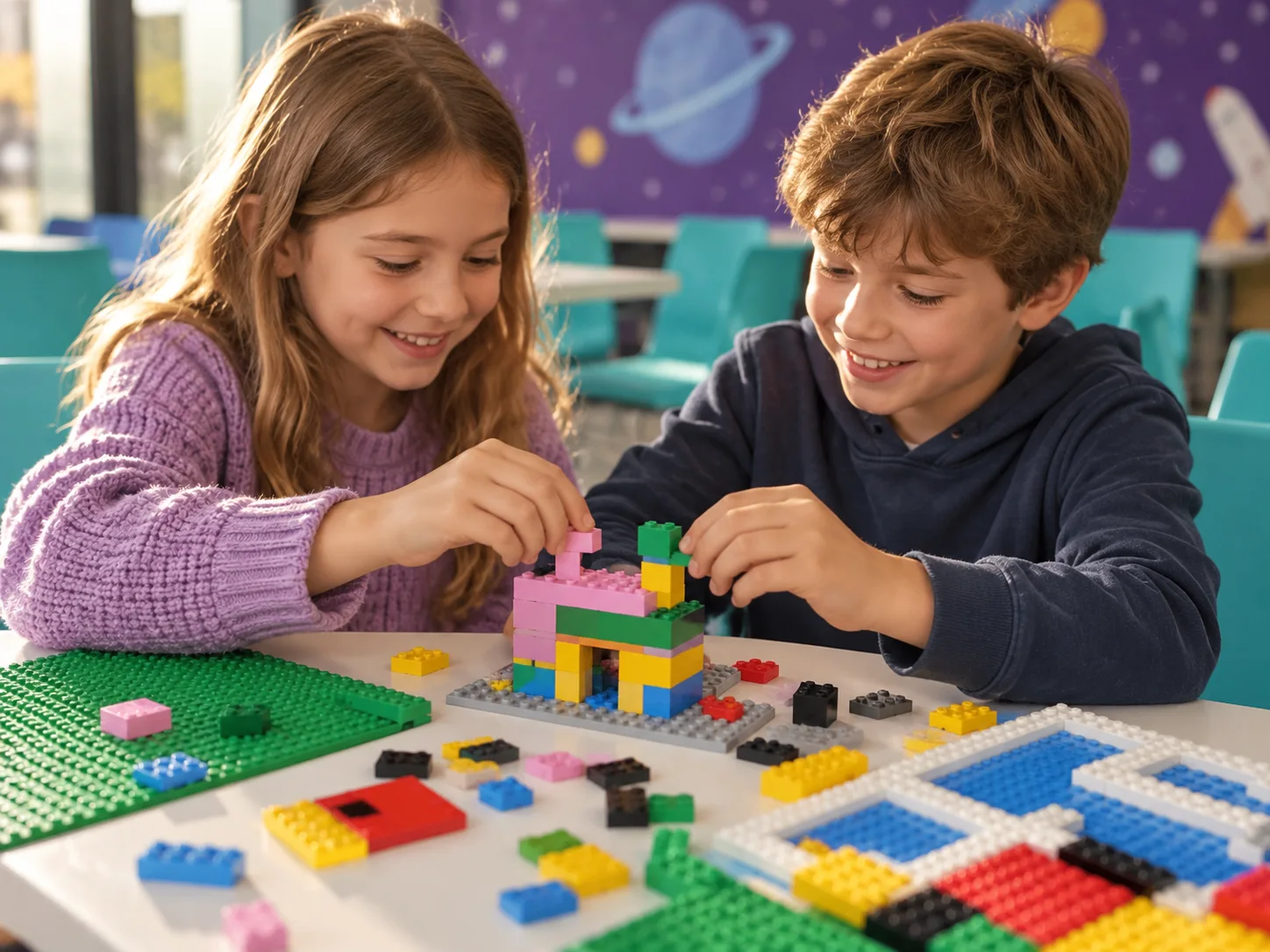 Kinderen bouwen samen met bouwstenen