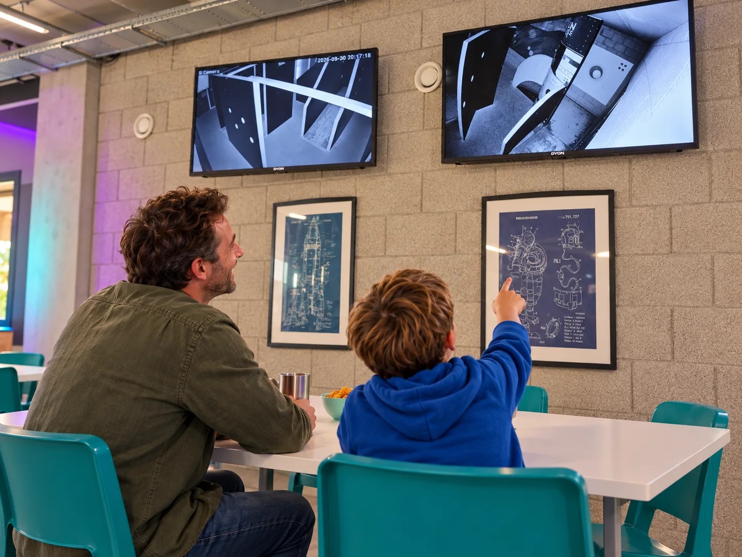 Een ouder en kind kijken naar de schermen met zicht op de laserzone