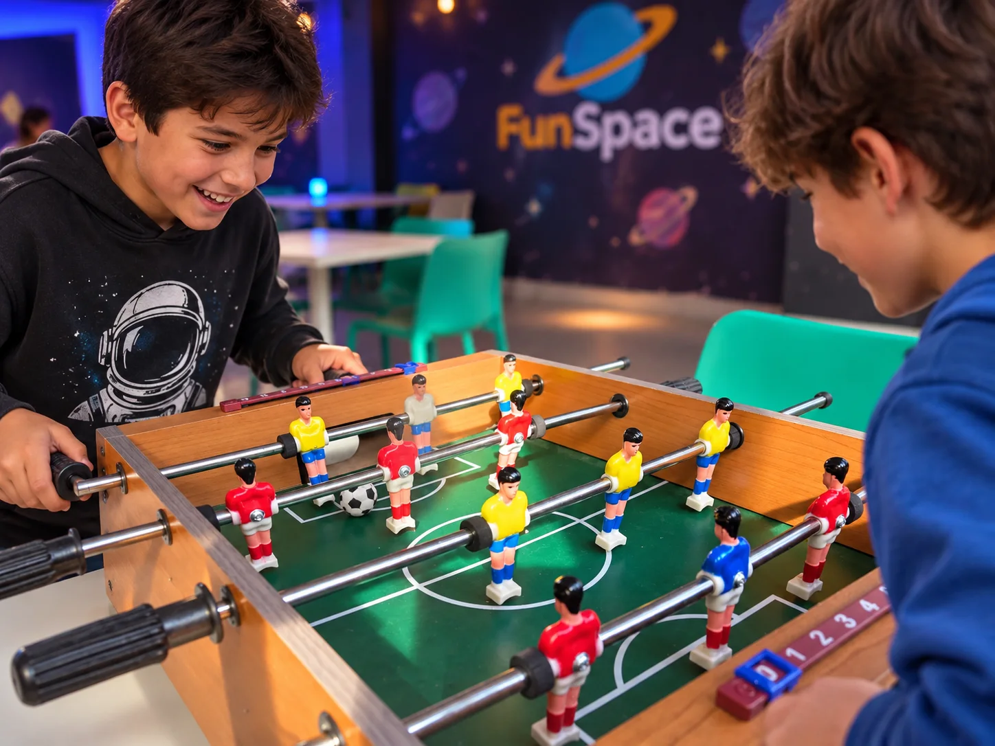 Kinderen spelen tafelvoetbal